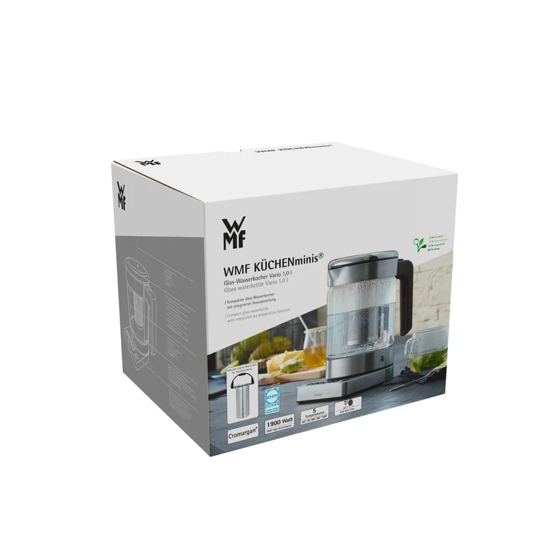 WMF Küchenminis 2 in 1 Vario Wasserkocher mit Temperatureinstellung, 1,0l, 1900 W, Teekocher Glas mit Teebeutelhalter und Sieb