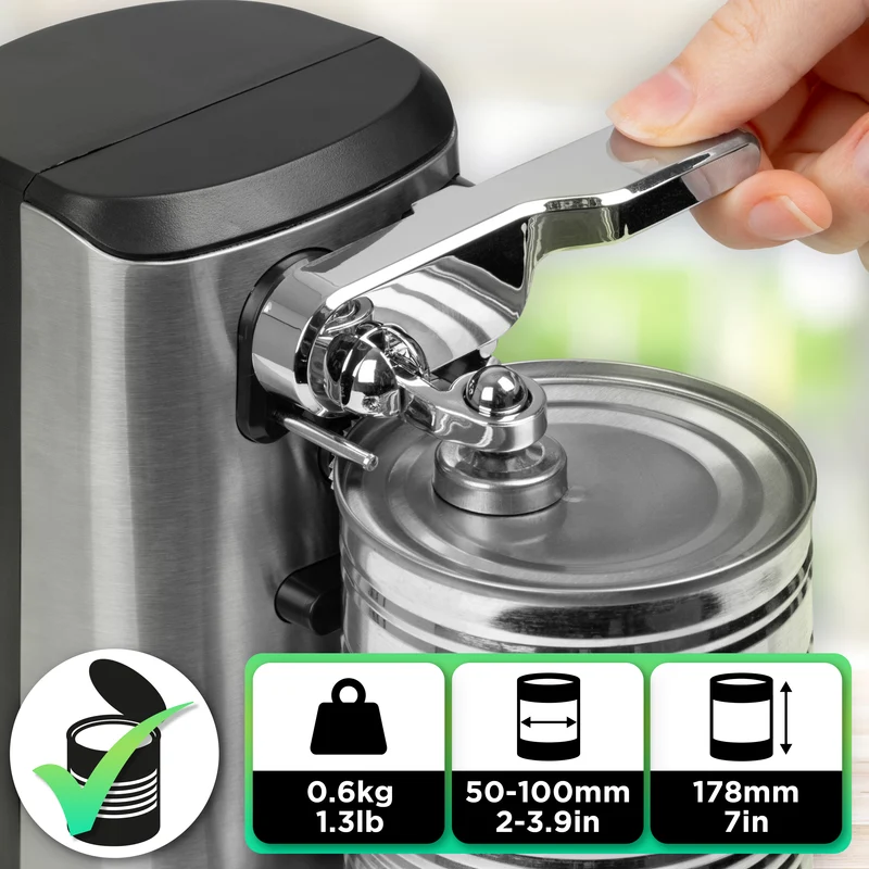 Duronic CO60 Dosenöffner, elektrischer Büchsenöffner für bis zu 600 ml Konservendosen, 3-in-1 automatischer Konservenöffner mit Messerschärfer und Flaschenöffner