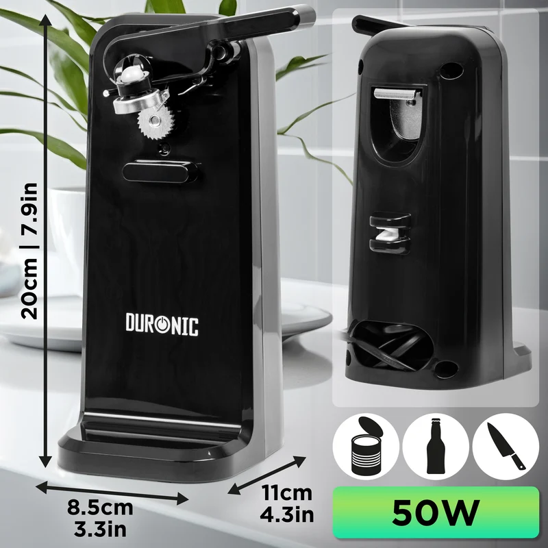 Duronic CO40 BK Dosenöffner, elektrischer Büchsenöffner für bis zu 600 ml Konservendosen, 3-in-1 automatischer Konservenöffner mit Messerschärfer und Flaschenöffner