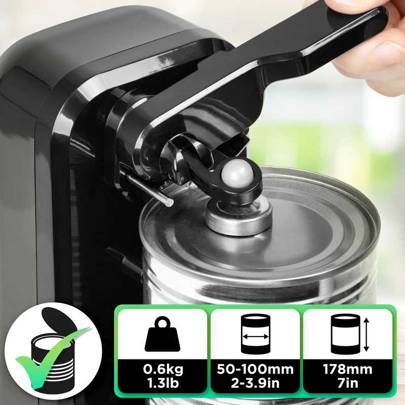 Duronic CO40 BK Dosenöffner, elektrischer Büchsenöffner für bis zu 600 ml Konservendosen, 3-in-1 automatischer Konservenöffner mit Messerschärfer und Flaschenöffner