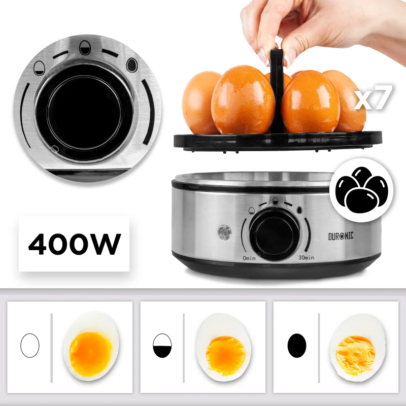 Duronic EB50 BK Eierkocher für 7 Eier, 400 Watt, Härtegrad von weich bis hart, mit Timer, mit Messbecher und Eipick, Frühstücksei für Familie