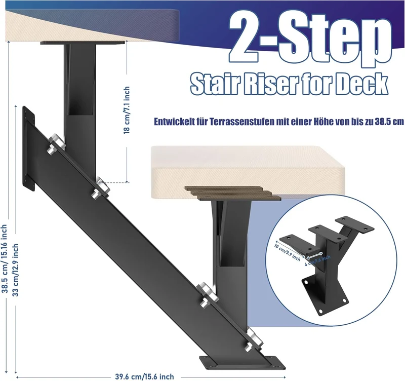 2-Stufen-Metall-Treppenwangen mit Stahl-Setzstufe für Deckhöhe 33 cm/13 Zoll, mit vorgebohrten Löche