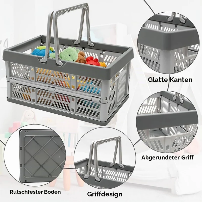 Klappbox mit Griff, Einkaufskorb Faltbar, Tragbarer Klappkiste, Klappkorb Plastik, Platzsparend & St