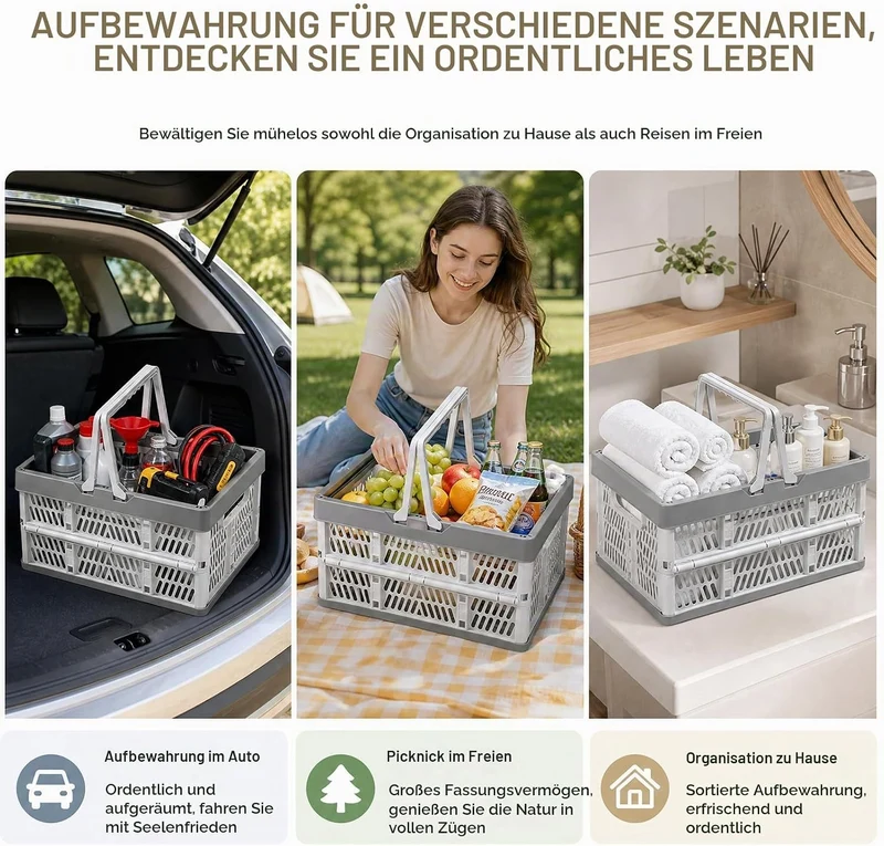 Klappbox mit Griff, Einkaufskorb Faltbar, Tragbarer Klappkiste, Klappkorb Plastik, Platzsparend & St