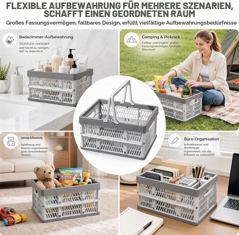 Klappbox mit Griff, Einkaufskorb Faltbar, Tragbarer Klappkiste, Klappkorb Plastik, Platzsparend & St
