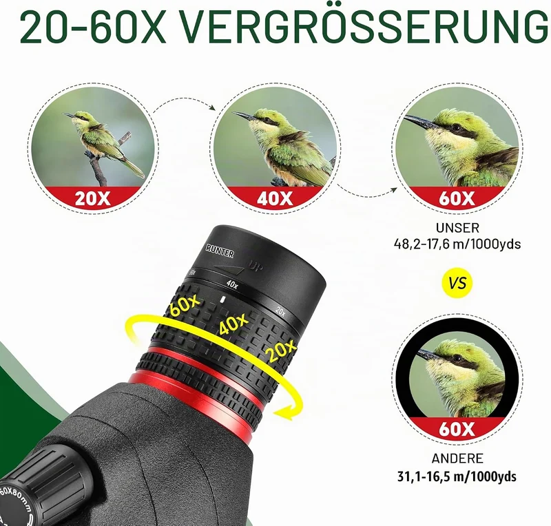 ESSLNB Spektiv 20-60X80 mit Stativ Smartphone Adapter und Tasche 100 Prozent Wasserdicht BAK4 Vollst