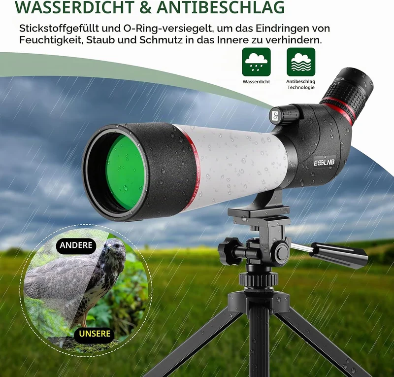 ESSLNB Spektiv 20-60X80 mit Stativ Smartphone Adapter und Tasche 100 Prozent Wasserdicht BAK4 Vollst