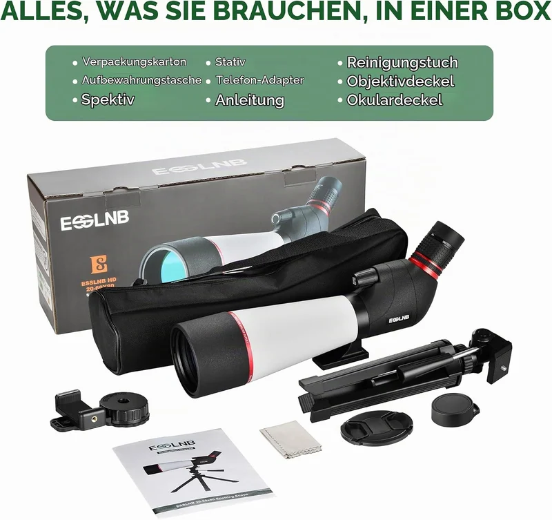 ESSLNB Spektiv 20-60X80 mit Stativ Smartphone Adapter und Tasche 100 Prozent Wasserdicht BAK4 Vollst