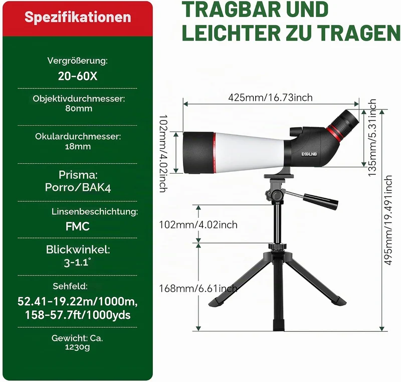 ESSLNB Spektiv 20-60X80 mit Stativ Smartphone Adapter und Tasche 100 Prozent Wasserdicht BAK4 Vollst
