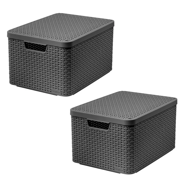 Curver Basket, Versatile, with Lid, Gray, Rattan Style L, 2 pieces