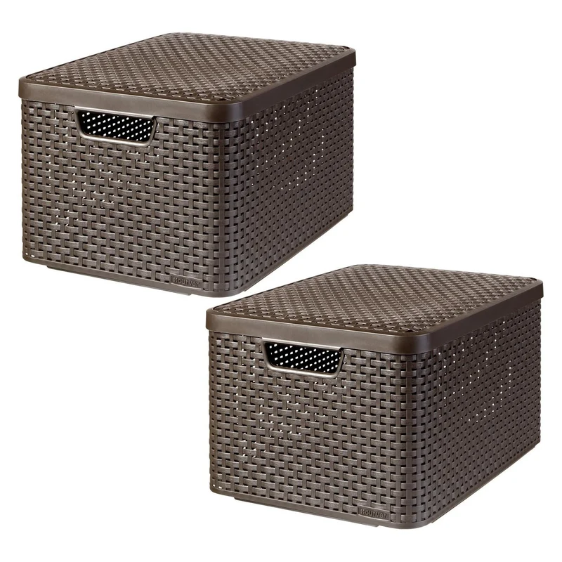 Curver Basket, Universal, with Lid, Brown, Rattan Style L, 2 pieces