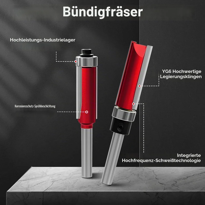 10 Stück Bündigfräser 8mm mit 2 Schlagmagnetbits, 8mm Schaft Bündigfräser, 6 Lager, 2 Schraubenschlü
