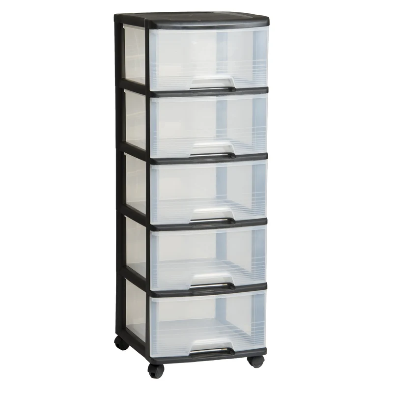 Curver Storage Unit on Casters, Black, 5 Clear 20-Liter Drawers, Casters, 214756