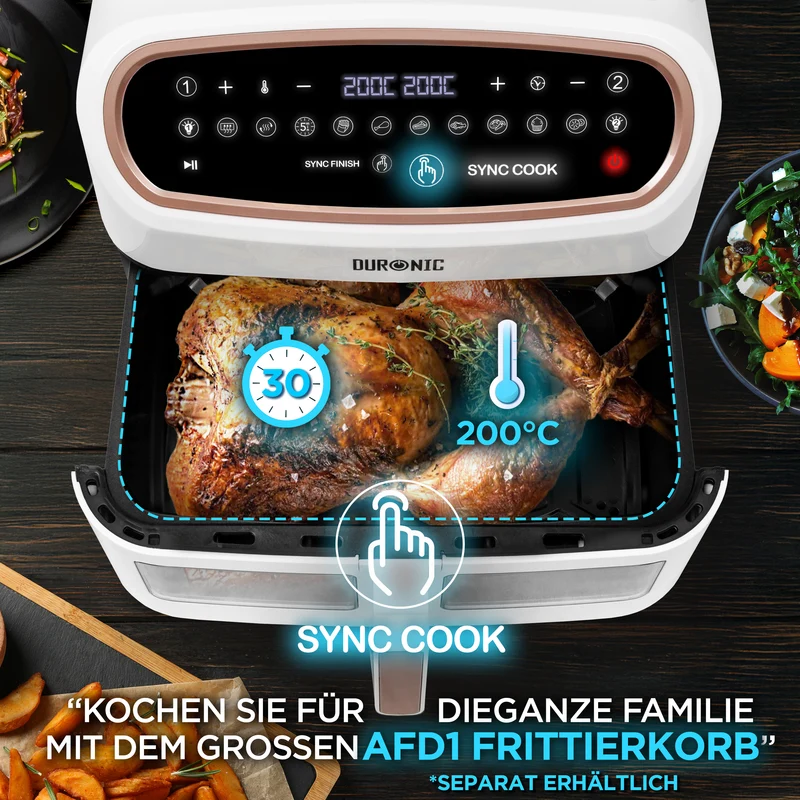 Duronic AF34 WG Heißluftfritteuse mit Sichtfenster | XXL Doppel Air fryer mit 2 Kammern 10 L | 2400 W Dual Zone Air Fryer | HLF mit 10 Programme | Inklusive großer Frittierkorb | Touchscreen Fritteuse