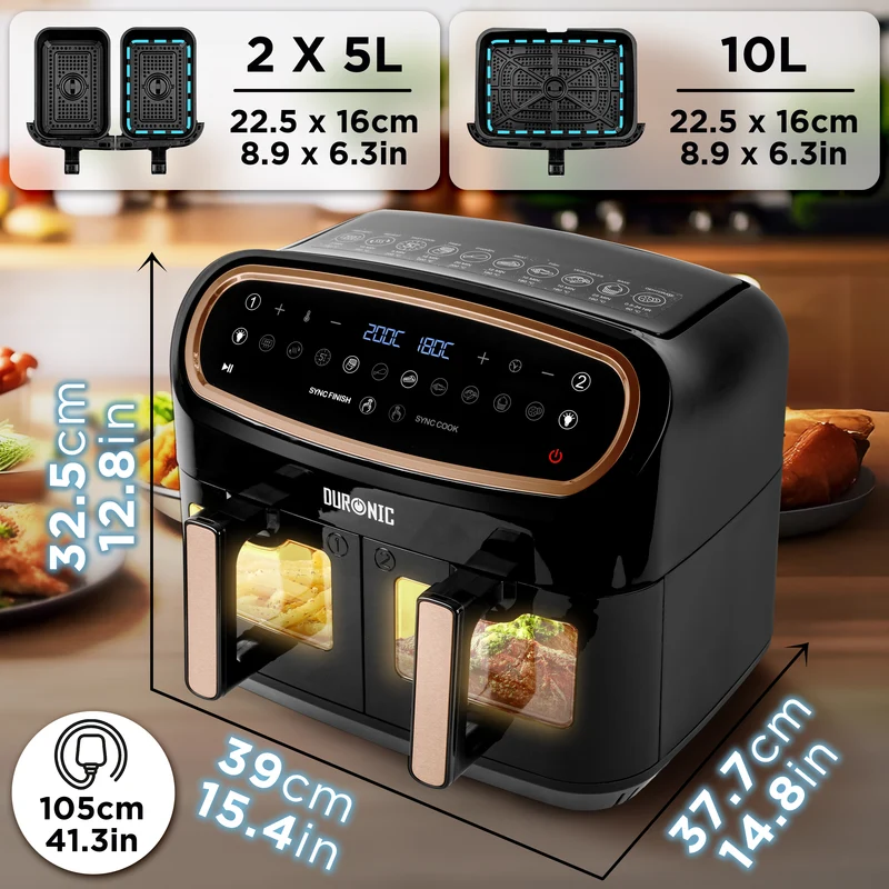 Duronic AF34 BG Dual Air Fryer, Doppel Heißluftfritteuse mit extragroßer Schublade, HLF Heißluftfriteuse für Süßkartoffel Pommes, Frittieren ohne Öl
