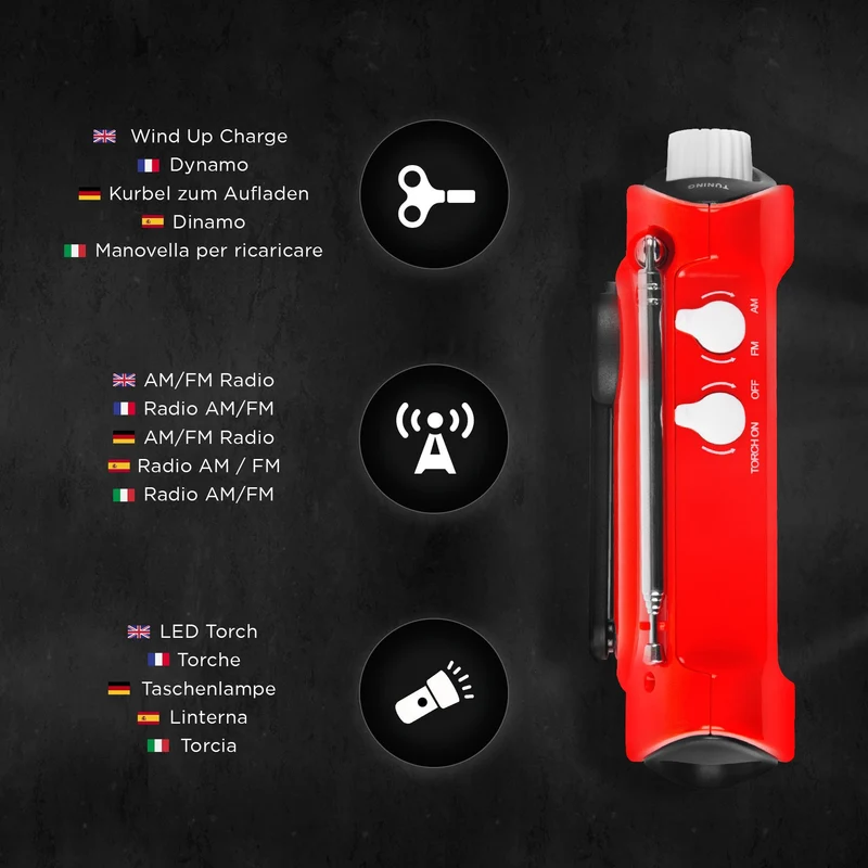 Duronic Ecohand Radio AM/FM - Wiederaufladbar - Kurbelradio mit Dynamo - Mit LED Taschenlampe - Mit Kopfhöreranschluss - Bis zu 2,5h Musik mit voller Ladung - Ladefunktion für Handy - Notfallradio