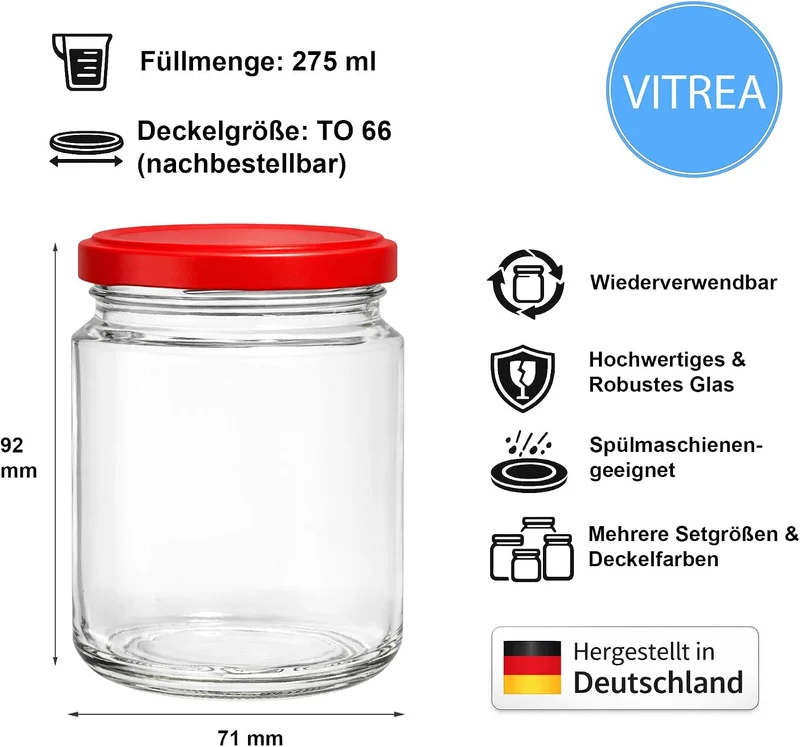 Vitrea 25x Marmeladengläser 275 ml - mit Deckel Rot TO 66 - Einmachgläser zum befüllen mit Schraubde