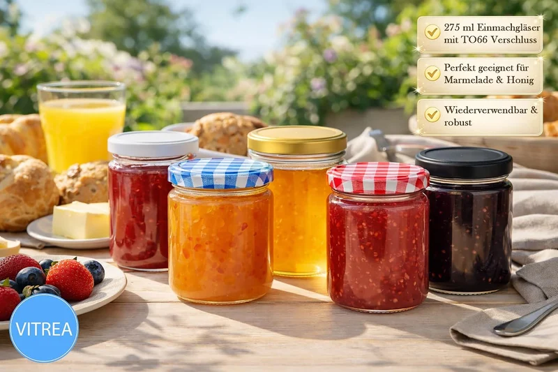 Vitrea 25x Marmeladengläser 275 ml - mit Deckel Rot TO 66 - Einmachgläser zum befüllen mit Schraubde