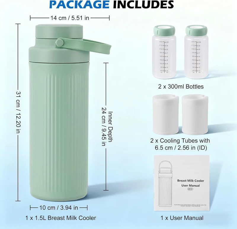 Tragbarer Muttermilchkühler 1,5L mit 2x300ml Muttermilchaufbewahrungsflaschen, 360° Gesamtkühlung Ba