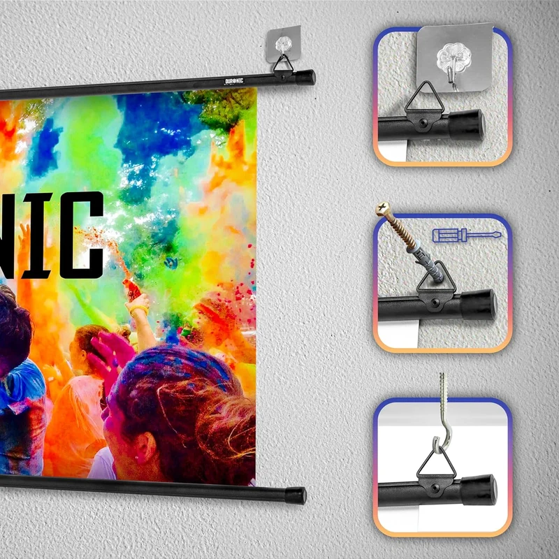Duronic BPS70 16:9 Projektorleinwand, Beamerleinwand 70 Zoll, Heimkino mit 4K Full HD 3D, Rolloleinwand 1.0 Gain, Beamer Leinwand für Wandmontage, Filmnacht, Videoleinwand für Büro Schulen