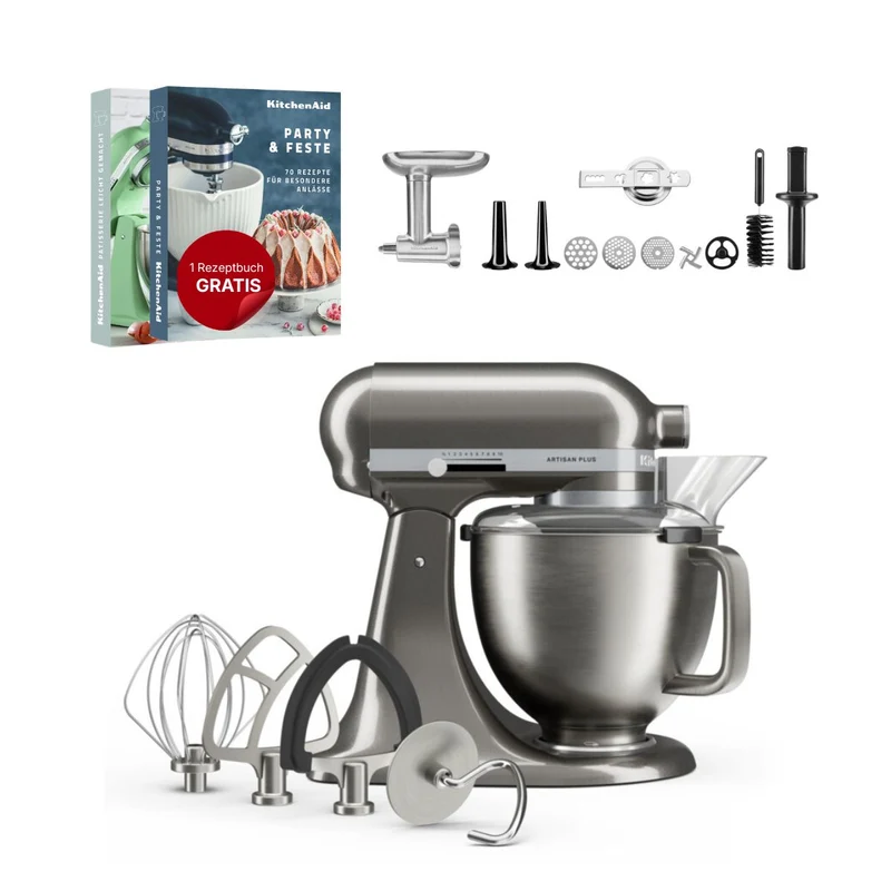 KitchenAid 4,7 L 5KSM50 Artisan Plus Küchenmaschine Meatlover mit Metallfleischwolf + Spritzgebäckvorsatz