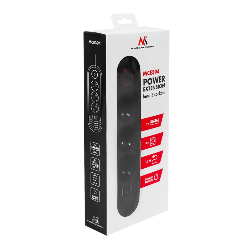 Maclean power strip, 3-socket extension cable + 3xUSB, 110-240V AC 50/60Hz, 2.1A max 2500W, 1.5m, black, MCE394 B