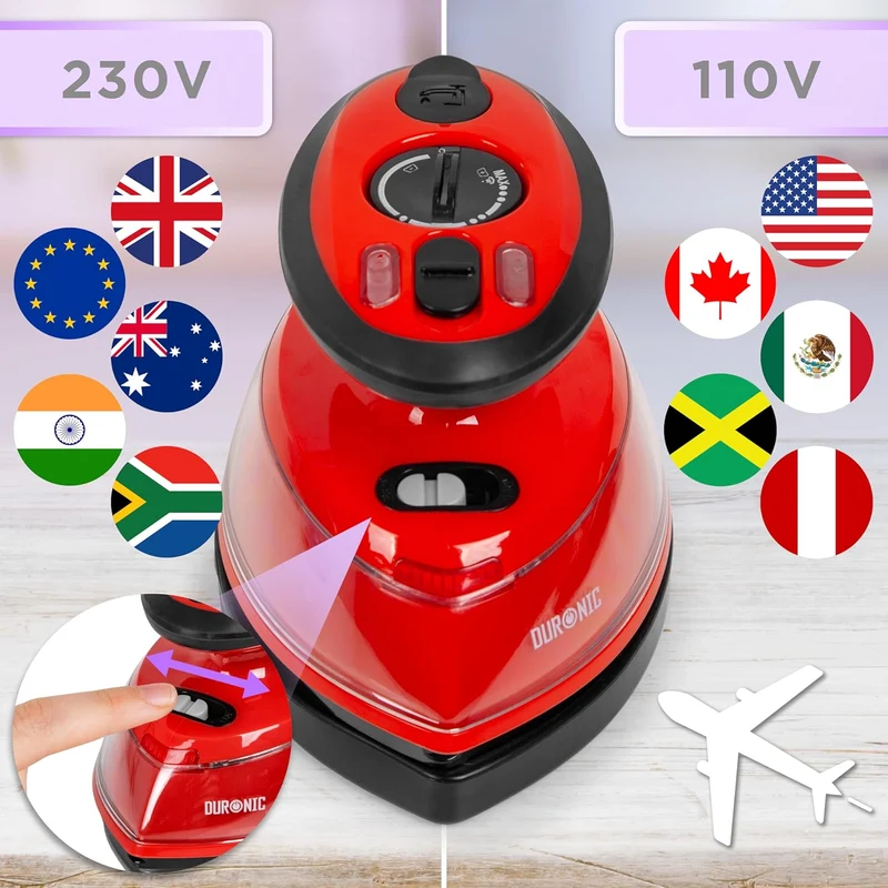 Duronic SI3 RD Mini Reisebügeleisen, 400W Mini Bügeleisen, Dampfbügeleisen 35ml Wassertank, kleines Reisebügeleisen dampf, Handbügeleisen Keramikfläche, für Kleidung nähen, 2 Betriebsspannungen