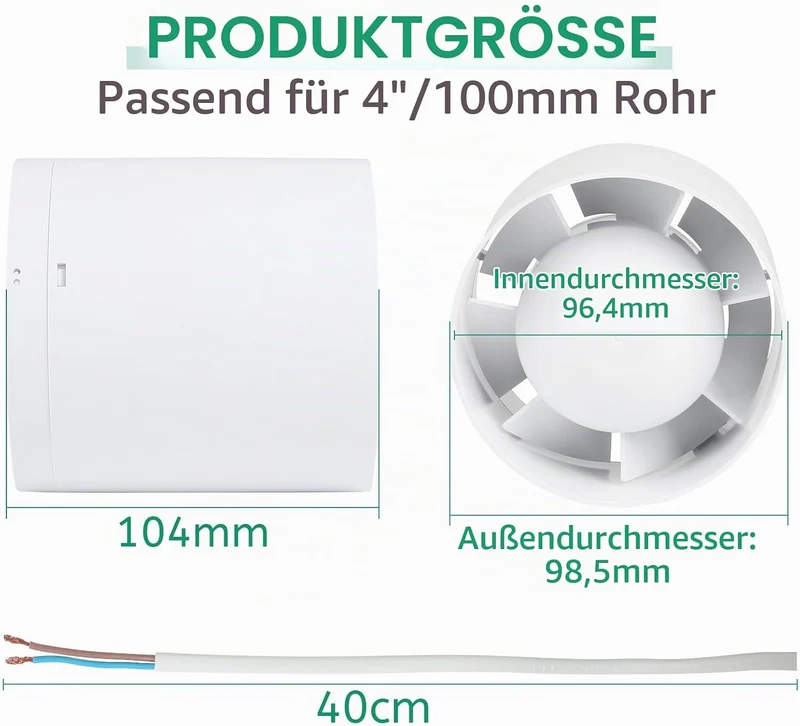 lalago Kanal Rohrventilator 100mm, Inline-Abluftventilator 34dB Leise Weiss, Rohrlüfter mit Rückstau