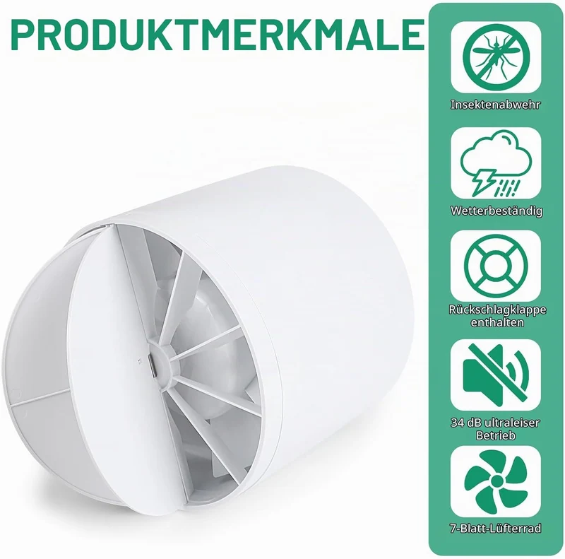 lalago Kanal Rohrventilator 100mm, Inline-Abluftventilator 34dB Leise Weiss, Rohrlüfter mit Rückstau