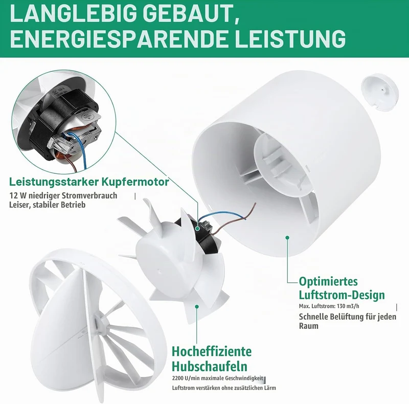 lalago Kanal Rohrventilator 100mm, Inline-Abluftventilator 34dB Leise Weiss, Rohrlüfter mit Rückstau