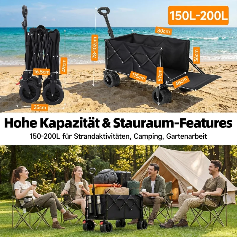 HAUSPROFI Bollerwagen Faltbar 150-200L 200KG Tragkraft, Faltbarer Bollerwagen Geländetauglich mit Br