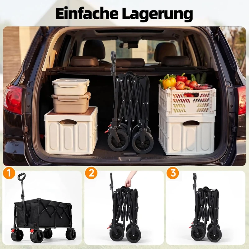 HAUSPROFI Bollerwagen Faltbar 150-200L 200KG Tragkraft, Faltbarer Bollerwagen Geländetauglich mit Br