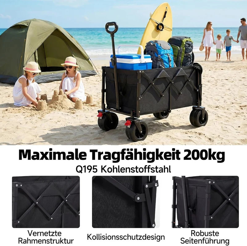 HAUSPROFI Bollerwagen Faltbar 150-200L 200KG Tragkraft, Faltbarer Bollerwagen Geländetauglich mit Br