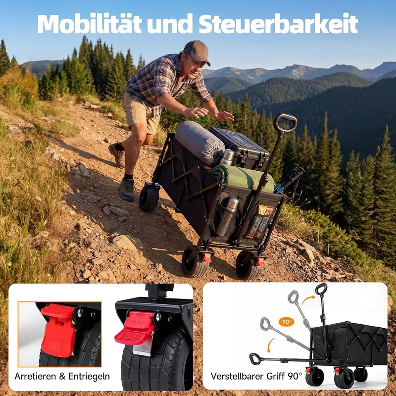 HAUSPROFI Bollerwagen Faltbar 150-200L 200KG Tragkraft, Faltbarer Bollerwagen Geländetauglich mit Br