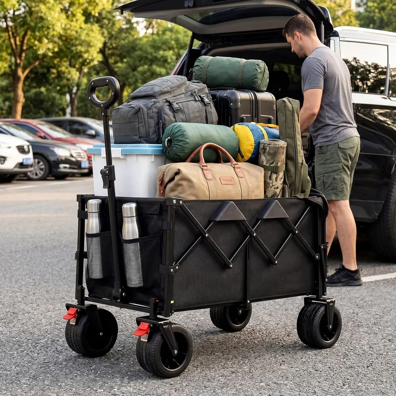 HAUSPROFI Bollerwagen Faltbar 150-200L 200KG Tragkraft, Faltbarer Bollerwagen Geländetauglich mit Br