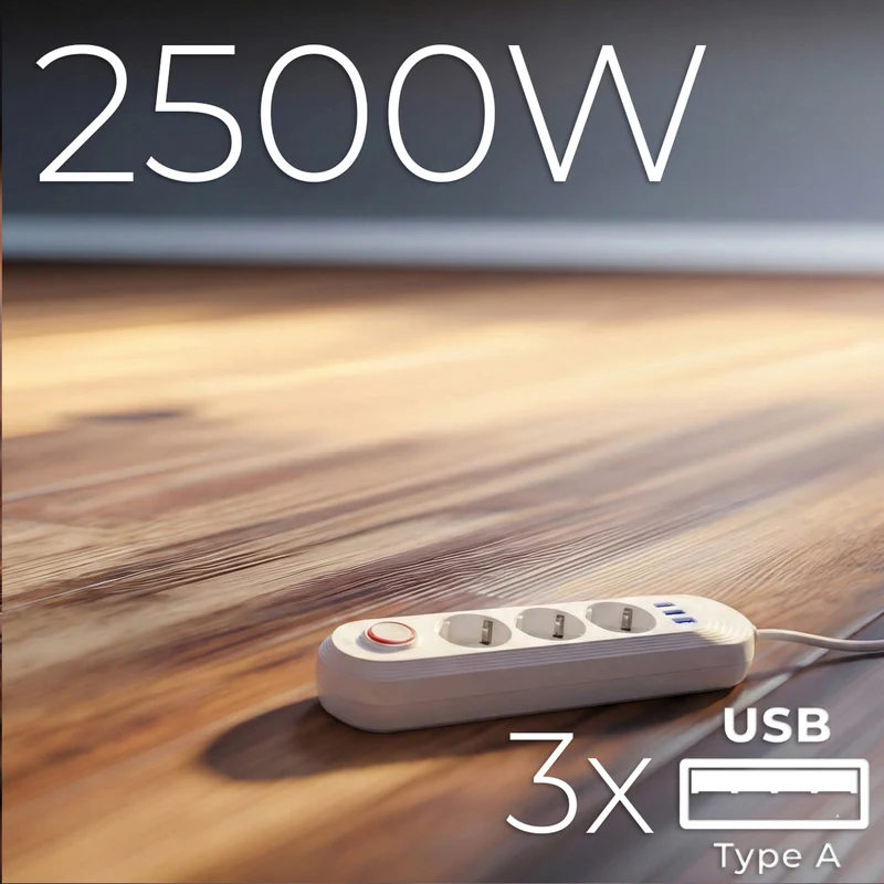 Maclean power strip, 3 socket extension + 3xUSB, 110-240V AC 50/60Hz, 2.1A max 2500W, 1.5m, white, MCE394 W