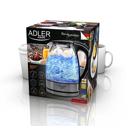 Adler AD 1225 Wasserkocher 1,7 L Glas Edelstahl / schwarz / transparent