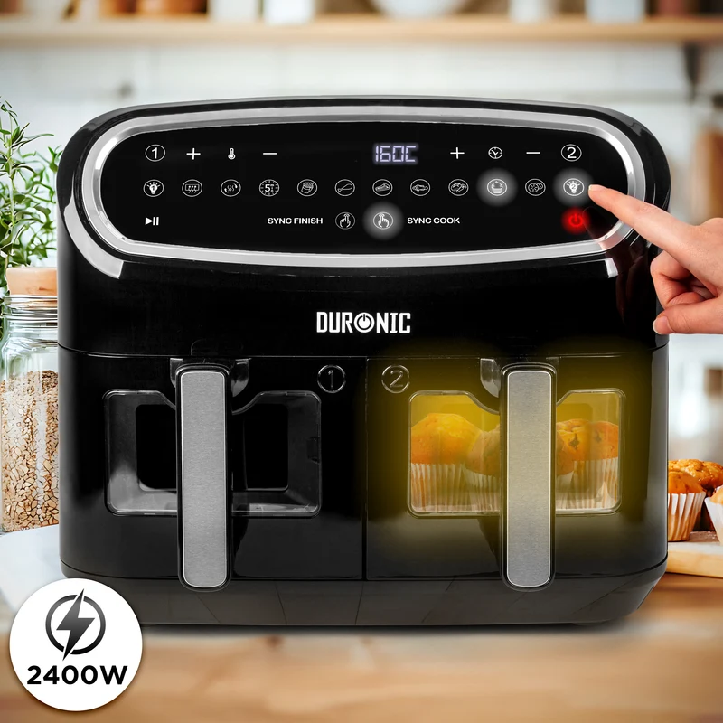 Duronic AF24 BK Heißluftfritteuse, Doppel-Fritteuse mit 10 Liter Volumen, Gleichzeitiges Kochen oder Fertigstellen, 10 voreingestellte Programme, Touch Control, Frittieren ohne Öl, 2400 Watt