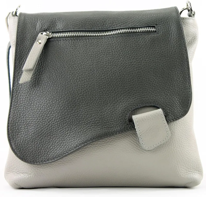 modamoda de - T146 - ital. Umhängetasche Schultertasche aus Leder Grau/Dunkelgrau2021, Grau/Dunkelgr