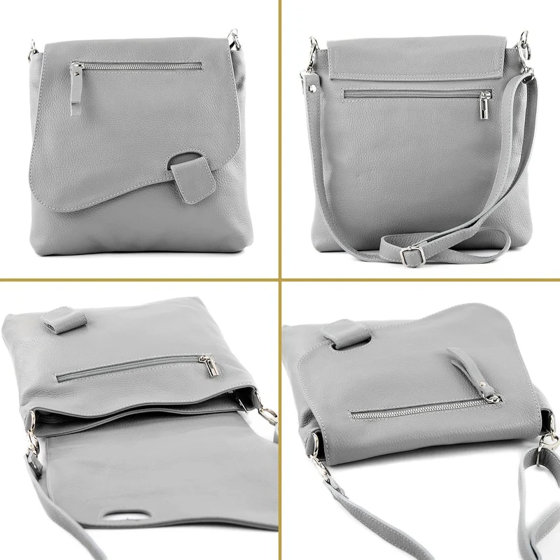 modamoda de - T146 - ital. Umhängetasche Schultertasche aus Leder Grau/Dunkelgrau2021, Grau/Dunkelgr