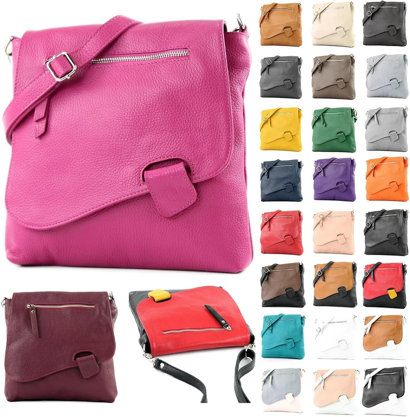 modamoda de - T146 - ital. Umhängetasche Schultertasche aus Leder Grau/Dunkelgrau2021, Grau/Dunkelgr
