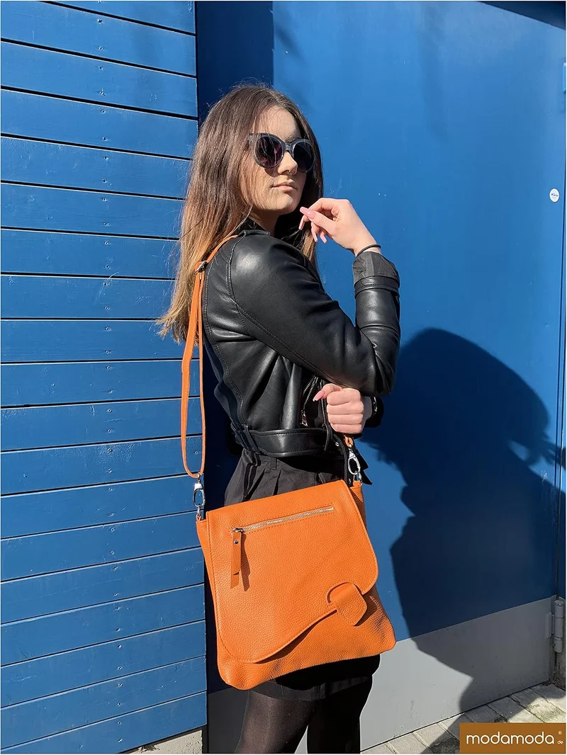 modamoda de - T146 - ital. Umhängetasche Schultertasche aus Leder Camel2021, Camel2021