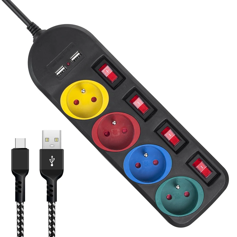 Maclean power strip, extender 4 sockets + 2xUSB, with switches, 250VAC/10A, 2.1A 5V, 1.5m, white, MCE229B + USB cable MCE471