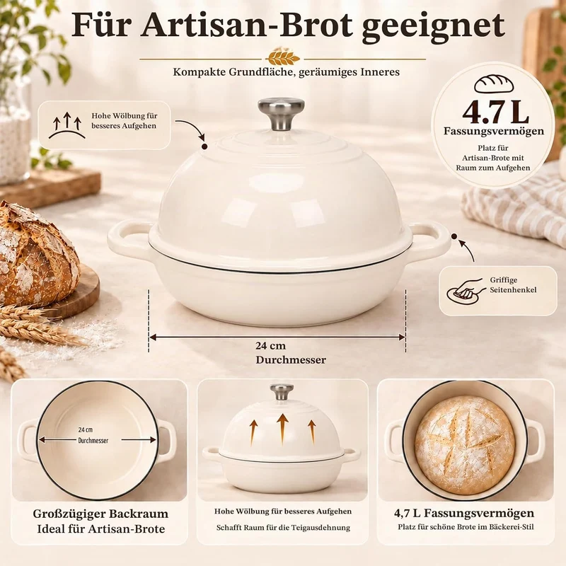 GFTIME Gusseisen Topf Brot Backen, Schmortopf Gusseisen Topf mit Deckel, Dutch Oven Brotbacktopf mit
