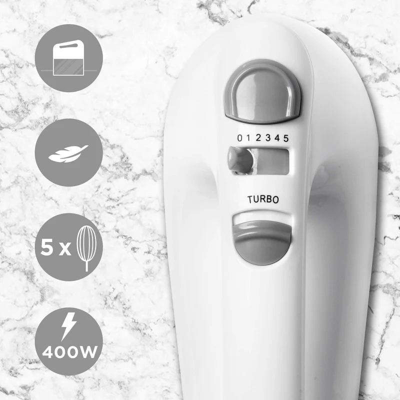 Duronic HM4 WE elektrischer Handmixer 400W, Handrührgerät mit Aufbewahrungsbox, Rührgerät Rührbesen Knethaken Aufbewahrungsbox, Rührmaschine, Küchenmixer, Handrührer, Mixer für Backen, Teig, Weiß
