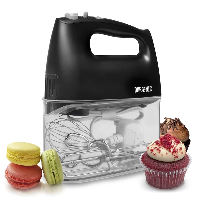 Duronic HM4 BK elektrischer Handmixer 400W, Handrührgerät mit Aufbewahrungsbox, Rührgerät Rührbesen Knethaken Aufbewahrungsbox, Rührmaschine, Küchenmixer, Handrührer, Mixer für Backen, Teig, Schwarz