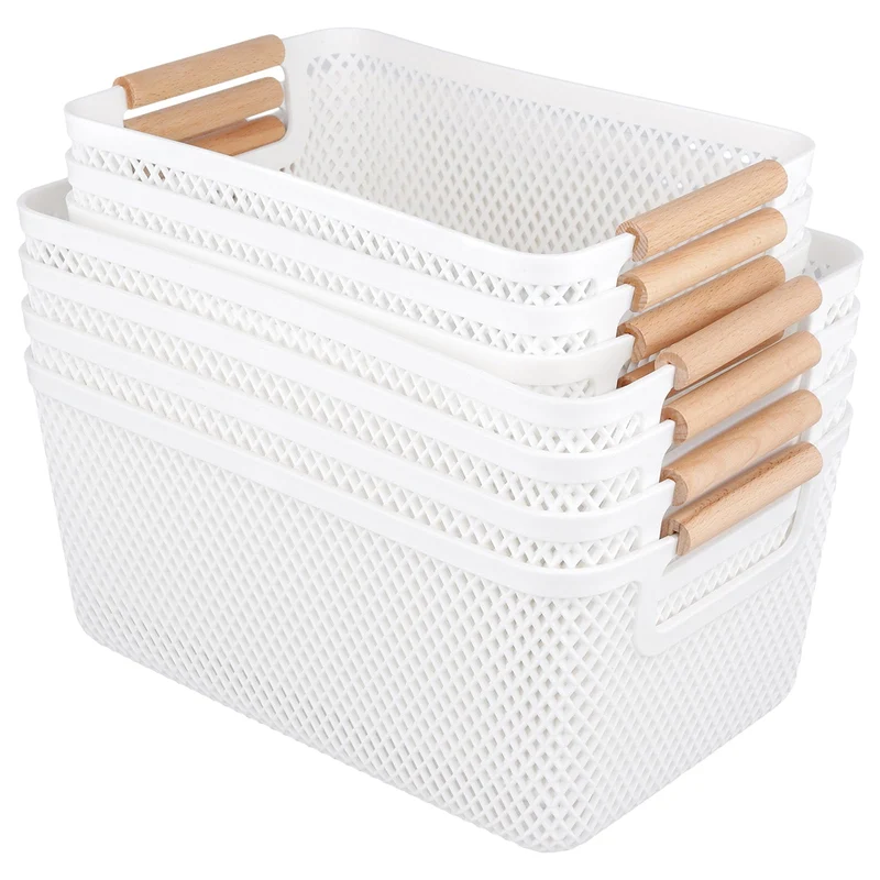 8 Stück Aufbewahrungsbox mit Holzgriffen, Weisse Ordnungsboxen ohne Deckel aus PP-Kunststoff, Atmung