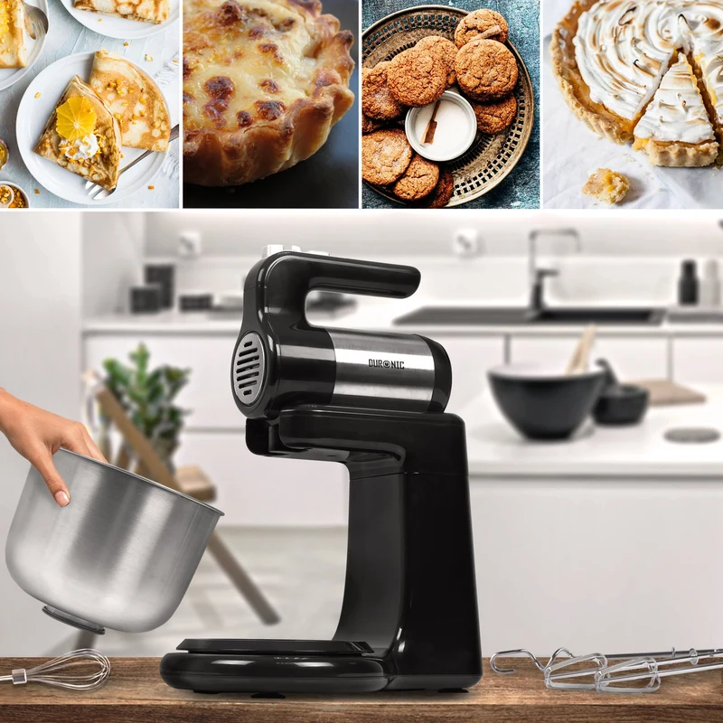 Duronic SM3 elektrische Küchenmaschine 300W, 2 in 1 Standmixer mit 4L Edelstahlschüssel, Handmixer, Knetmaschine, Teigmaschine, Handrührgerät, Mixer für Backen, Sahne, Teig, Saucen, Desserts