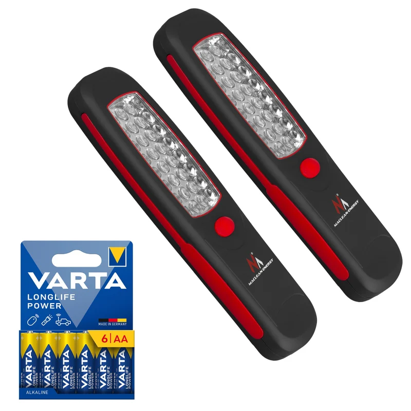 2 Maclean COB LED workshop lamps, magnet, hook, MCE03 + 6 R-06 R06 AA LR06 1.5V VARTA Longlife Power batteries