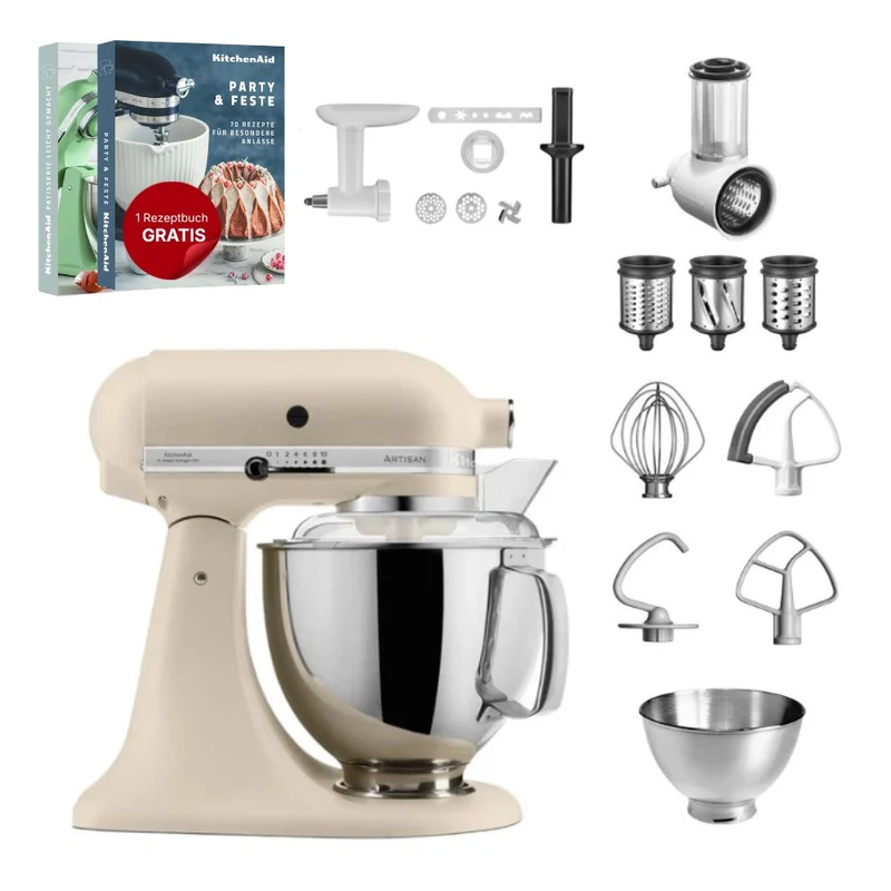 KitchenAid 4,8 L 5KSM175 Artisan Küchenmaschine Allrounderset mit Gemüseschneider+Fleischwolf+Spritzgebäckvorsatz
